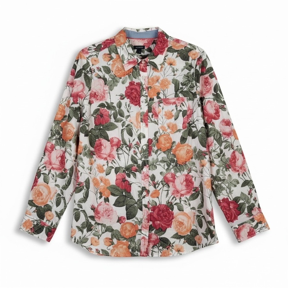 Talbots Floral Rose Print Button Up Shirt Cotton Roll Tab Sleeve Office Size 14